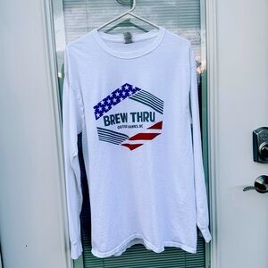 OBX Brew Thru White Long Sleeve Stars Stripes Shirt